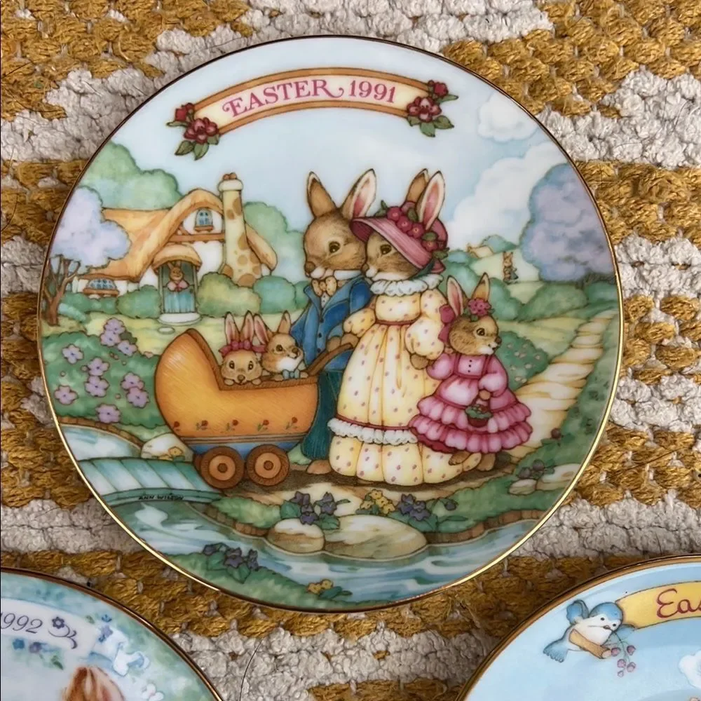 Avon Easter Collectible Plates Set 1991 1992 1993 Bunny Porcelain 22K Gold Trim